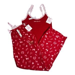 PINK x LoveShackFancy Flannel Pajama Set Red Print NWT Size L Holiday Hearts